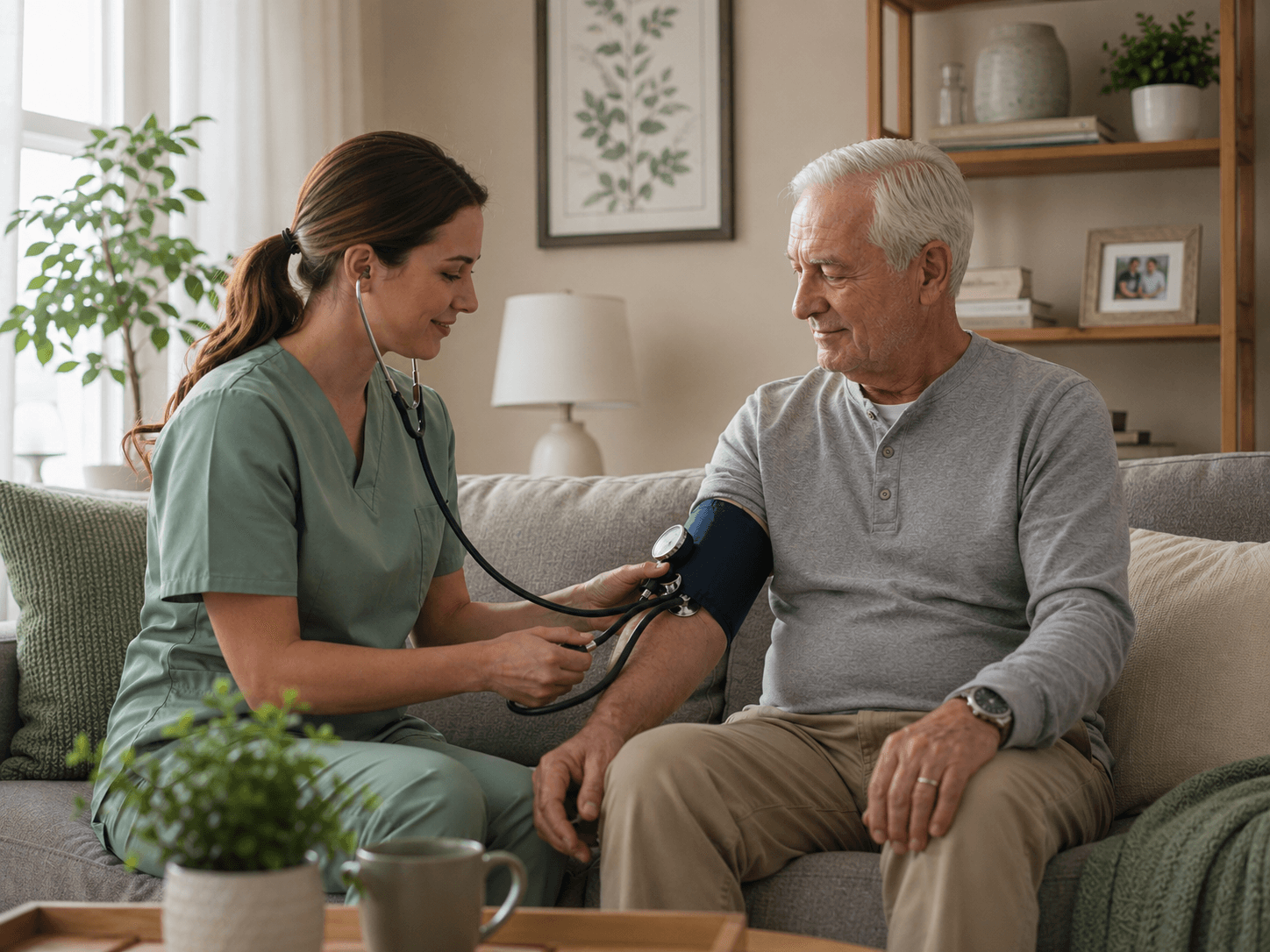 Nurse taking a patient's blood pressure at home
